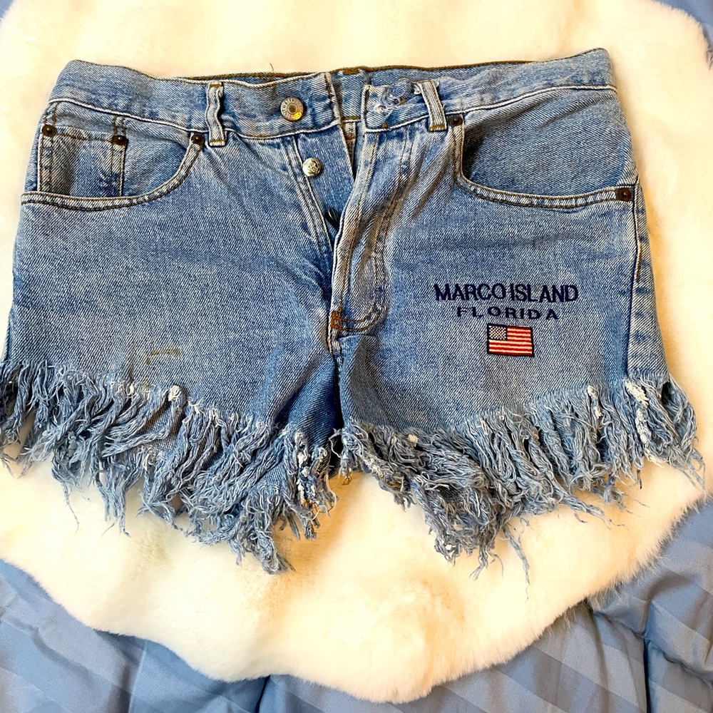 Levi's Blue Distressed Jean Shorts with Frayed Hem.